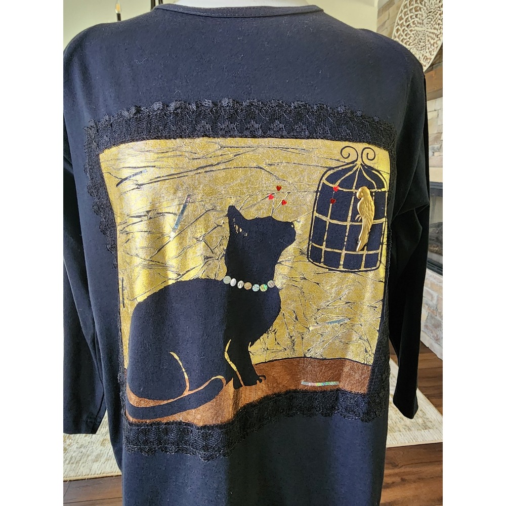 Vintage 90s Scribbles Black Cat Gold Lace Tee Shirt Kitsch Animal Novelty